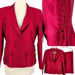Vintage Ann Klein Silk Wool Blend Raspberry Skirt Suit Corset Ties Blazer SZ 10